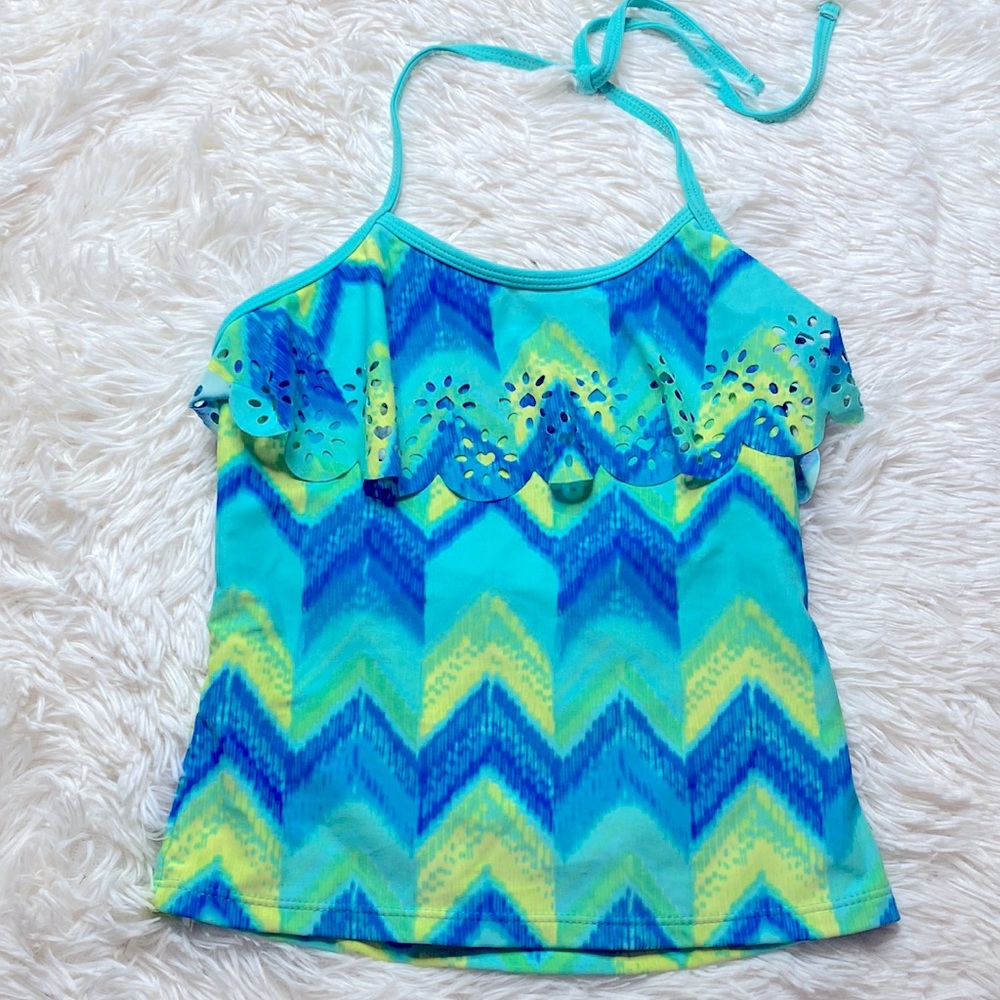 Blue Green Chevron Heart Cut Out Halter Tankini Swim Top Girl’s Size 10